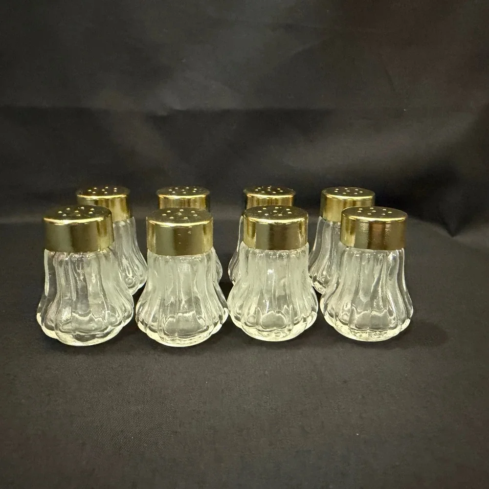 Vintage Mini Glass Salt and Pepper Shakers Set of 8 Gold Lids Fluted Clear Glass